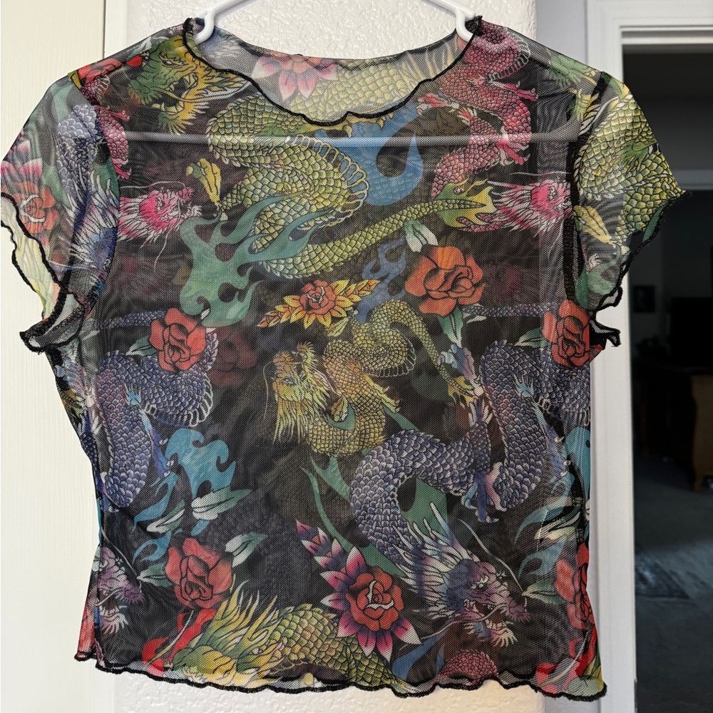 Colorful Dragon and Floral Mesh Top